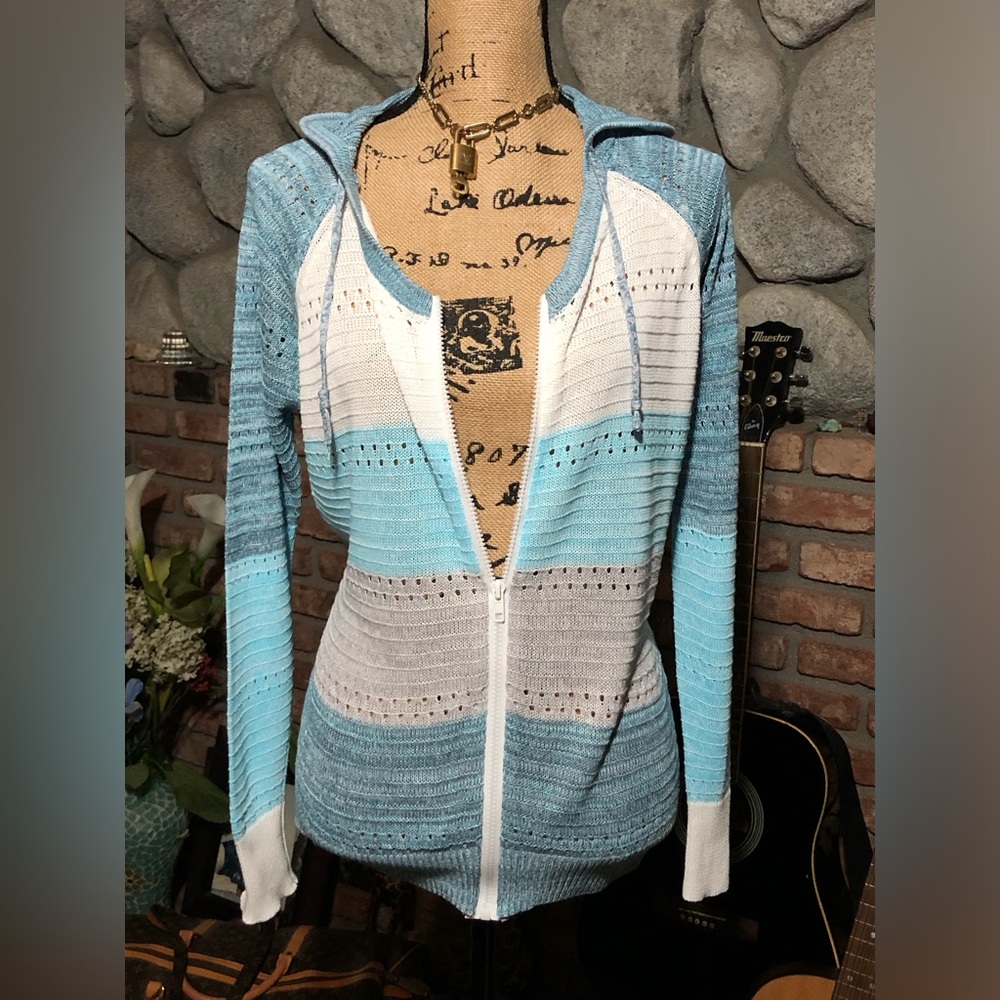 BTFBM Blue & White Zip Up Hooded Sweater NWOT! - Picture 3 of 9